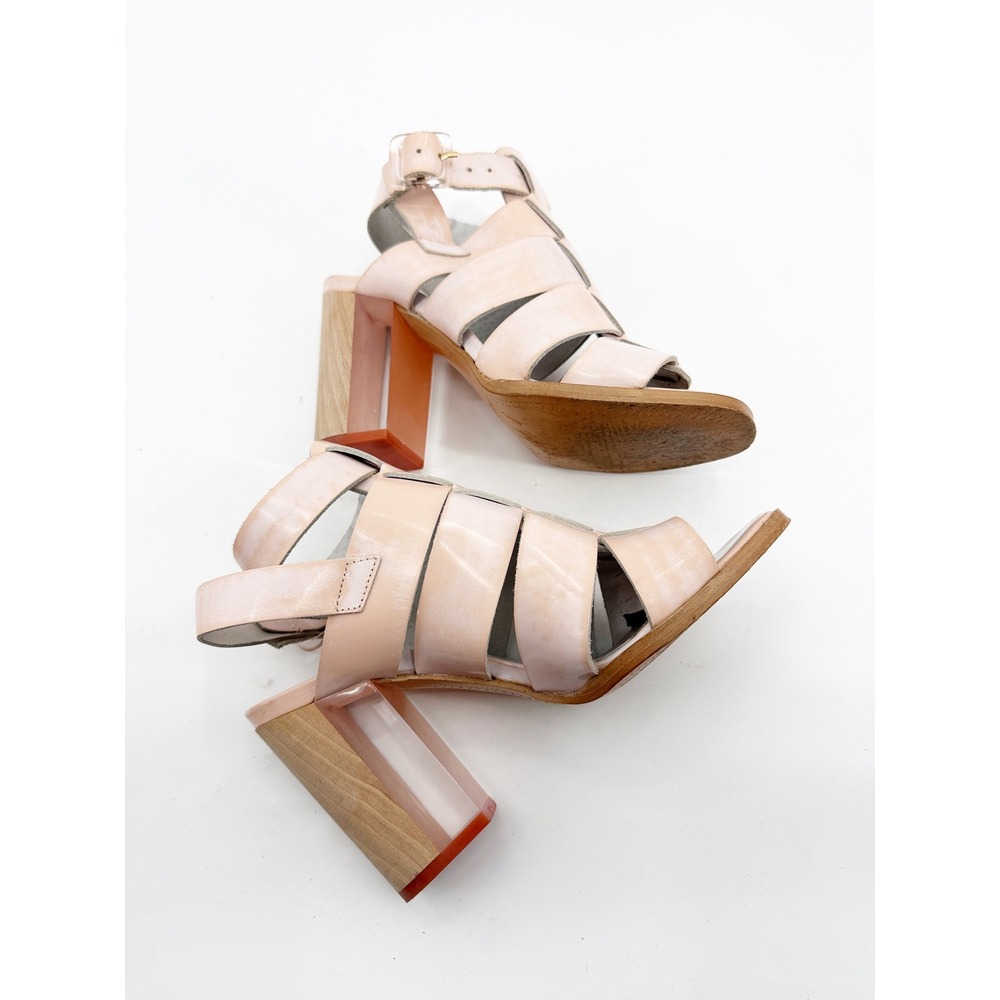 Miista Isabella Blush Pink Leather Cage Sandals Lucite Wood Block Heel 36 Spain - Picture 6 of 13